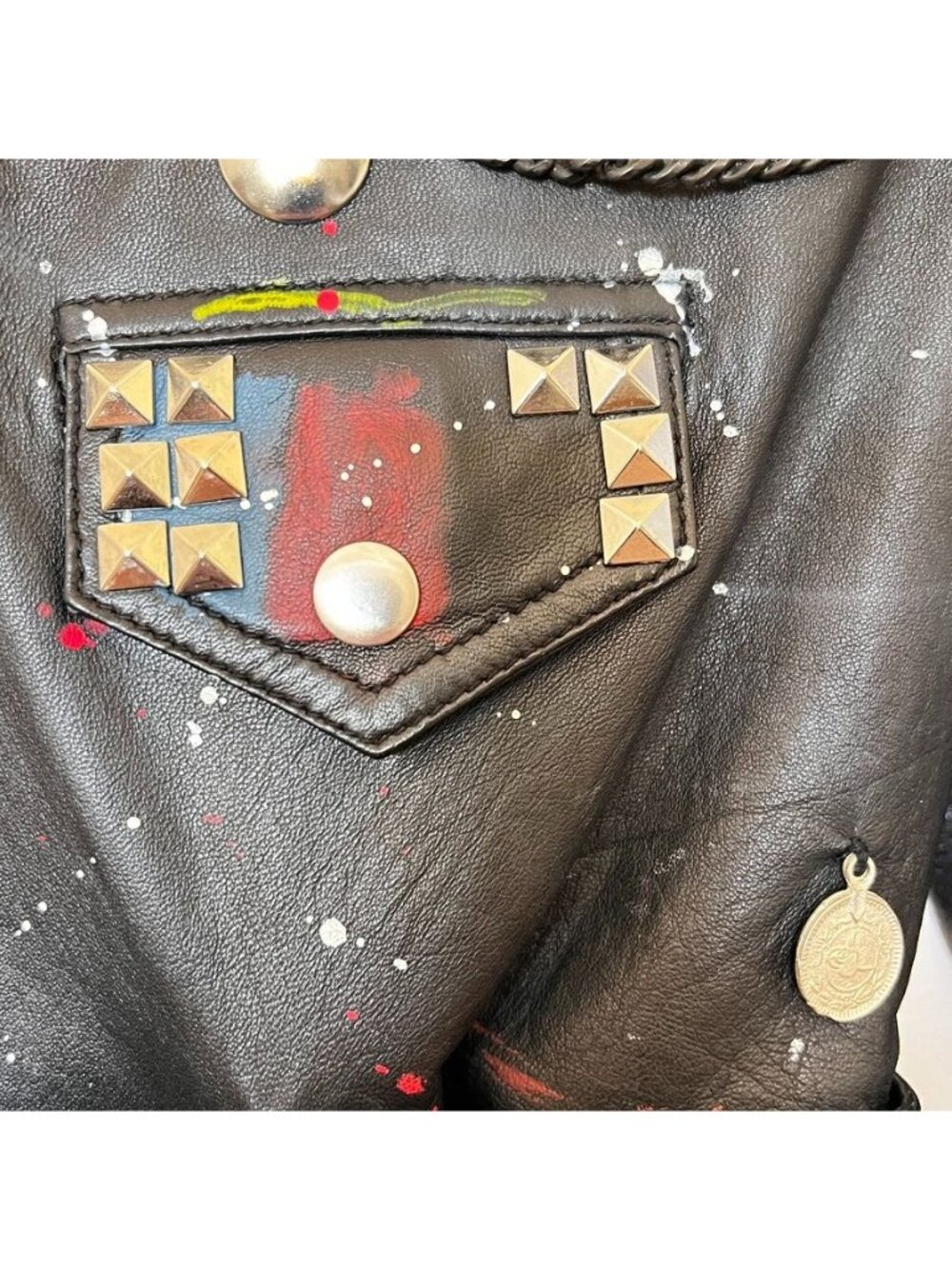 Zara Women M Ltd Edition Leather Battle Jacket Moto Studded Patchwork Cropped - Picture 5 of 16
